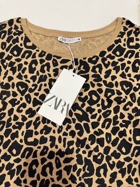 ZARA Leopard Print Short Sleeve Top in Tan and Black